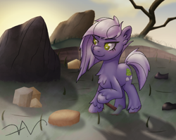 Size: 2200x1750 | Tagged: safe, artist:swasfews, imported from derpibooru, limestone pie, earth pony, pony, boulder, chest fluff, female, mare, pickaxe, rock farm, smiling, solo, unshorn fetlocks