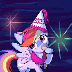 Size: 1200x1200 | Tagged: safe, artist:andromedasparkz, imported from derpibooru, rainbow dash, pegasus, pony, 2023, female, hat, hoof hold, mare, new year, party hat, solo, spread wings, wings