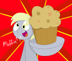 Size: 1120x945 | Tagged: safe, artist:kanw, derpibooru exclusive, imported from derpibooru, derpy hooves, pegasus, pony, food, muffin, offering, open mouth, solo, talking to viewer, text