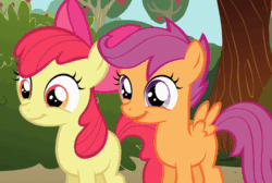 Size: 800x539 | Tagged: safe, imported from derpibooru, screencap, apple bloom, scootaloo, earth pony, pegasus, pony, season 1, the show stoppers, adorabloom, animated, apple bloom's bow, bow, cute, cutealoo, duo, duo female, female, filly, foal, hair bow, smiling