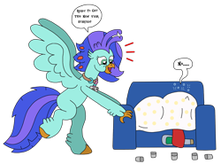 Size: 2668x1978 | Tagged: safe, artist:supahdonarudo, imported from derpibooru, oc, oc only, oc:ironyoshi, oc:sea lilly, classical hippogriff, hippogriff, unicorn, alcohol, blanket, camera, champagne, couch, dialogue, excited, glass, hangover, happy new year, hippogriff oc, holding, holiday, horn, jewelry, necklace, shot glass, simple background, speech bubble, text, transparent background, under blanket, unicorn oc, wine