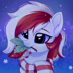 Size: 3500x3500 | Tagged: safe, artist:fluffywhirlpool, imported from derpibooru, oc, oc only, oc:red wine, pony, bust, christmas, clothes, commission, cute, ear fluff, holiday, holly, holly mistaken for mistletoe, looking at something, mouth hold, portrait, scarf, sky, sky background, smiling, snow, snowfall, solo, striped scarf, two toned mane, ych result