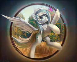 Size: 2500x2000 | Tagged: safe, artist:adagiostring, imported from derpibooru, oc, oc only, butterfly, pegasus, pony, blue eyes, commission, cute, female, forest, full body, grass, pegasus oc, solo, tree