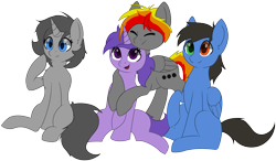 Size: 3205x1878 | Tagged: safe, artist:nyrikiri, imported from derpibooru, oc, oc only, oc:chroma shine, oc:glorious shark, oc:grapie, oc:rony_ram, pegasus, pony, unicorn, derpibooru community collaboration, 2023 community collab, eyes closed, female, horn, male, mare, open mouth, pegasus oc, simple background, sitting, stallion, transparent background, unicorn oc, wings