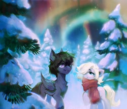 Size: 3527x3031 | Tagged: safe, artist:dearmary, imported from derpibooru, oc, oc only, oc:fenris ebonyglow, oc:kara waypoint, earth pony, original species, pegasus, pony, timber pony, timber wolf, aurora borealis, clothes, forest, scarf, snow, winter