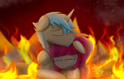 Size: 1118x715 | Tagged: safe, artist:lordshrekzilla20, imported from derpibooru, oc, oc:brimstone, oc:red rose, earth pony, pony, unicorn, fanfic:a king to a god, crying, earth pony oc, fanfic art, fear, fire, horn, hug, unicorn oc