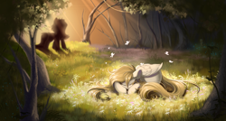 Size: 4096x2192 | Tagged: safe, artist:kebchach, imported from derpibooru, oc, butterfly, pegasus, pony, unicorn, crepuscular rays, duo, flower, forest, horn, lying down, pegasus oc, prone, sleeping, solo focus, unicorn oc