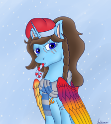 Size: 1528x1710 | Tagged: safe, artist:valdemar, imported from derpibooru, oc, oc only, alicorn, pony, alicorn oc, bust, candy, candy cane, christmas, clothes, cute, female, food, hat, holiday, horn, looking at you, mare, portrait, scarf, snow, snowfall, solo, striped scarf, wings