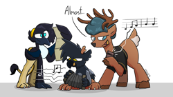 Size: 2940x1656 | Tagged: safe, artist:venseyness, imported from derpibooru, oc, oc only, oc:aiteal ó broin, oc:gráinne ní bhroin, oc:selen ó broin, deer, griffon, hybrid, clothes, concertina, deer oc, deergriff, griffon oc, music, music notes, musical instrument, non-pony oc, simple background, white background