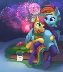 Size: 1854x2112 | Tagged: safe, artist:foxpit, imported from derpibooru, fluttershy, rainbow dash, pegasus, pony, clothes, cuddling, cute, duo, duo female, female, fireworks, flutterdash, hug, jewelry, lesbian, necklace, scarf, shipping, socks, stockings, thigh highs, winghug, wings