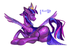 Size: 7016x4961 | Tagged: safe, artist:kisullkaart, imported from derpibooru, twilight sparkle, alicorn, pony, alternate design, blushing, butt, clothes, commission, commissions open, crown, cute, deviantart, female, glowing, glowing horn, horn, jewelry, peytral, plot, regalia, simple background, slim, solo, spread wings, thin, twibutt, twilight sparkle (alicorn), underhoof, white background, wings