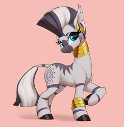 Size: 2680x2755 | Tagged: safe, artist:aquaticvibes, imported from derpibooru, zecora, zebra, bracelet, cute, female, jewelry, looking at you, mare, neck rings, raised hoof, red background, simple background, slim, smiling, smiling at you, solo, thin, zecorable