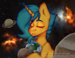 Size: 4500x3500 | Tagged: safe, artist:хлебушек, imported from derpibooru, oc, oc:wry bell, pony, unicorn, eyes closed, horn, planet, pony bigger than a planet, solo, unicorn oc