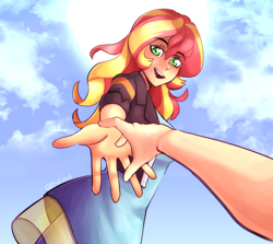 Size: 1414x1264 | Tagged: safe, artist:exvius, imported from derpibooru, sunset shimmer, human, equestria girls, cloud, cloudy, helping, offscreen character, pov, reaching, solo