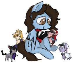 Size: 1606x1408 | Tagged: safe, artist:metaruscarlet, imported from derpibooru, oc, oc only, oc:badgering badger, cat, cat pony, earth pony, original species, pegasus, pony, unicorn, derpibooru community collaboration, 2023 community collab, bandana, blake belladonna, clothes, crossover, female, male, mare, ponified, raised hoof, ruby rose, rwby, shirt, simple background, sitting, solo, stallion, transparent background, weiss schnee, yang xiao long