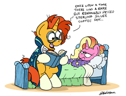 Size: 2060x1572 | Tagged: safe, artist:bobthedalek, imported from derpibooru, luster dawn, sunburst, pony, unicorn, bed, bedtime story, blaze (coat marking), book, cloak, clothes, coat markings, duo, facial markings, father and child, father and daughter, fathers gonna father, female, filly, filly luster dawn, foal, footed sleeper, footie pajamas, luster dawn is not amused, luster dawn is starlight's and sunburst's daughter, male, misery, onesie, pajamas, parent and child, parent:starlight glimmer, parent:sunburst, parents:starburst, socks (coat markings), stallion, suffering, sunburst's cloak, that pony sure does love antiques, unamused, younger