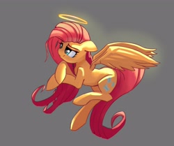 Size: 3728x3118 | Tagged: safe, artist:solid shrimp, imported from derpibooru, fluttershy, pegasus, pony, alternate cutie mark, angel, female, flying, gray background, halo, high res, mare, simple background, slim, solo, thin
