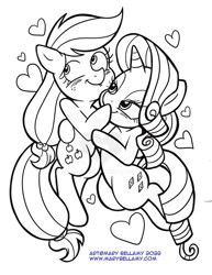 Size: 695x900 | Tagged: safe, artist:marybellamy, imported from derpibooru, applejack, rarity, earth pony, pony, unicorn, blushing, cuddling, cute, duo, duo female, female, floating heart, heart, jackabetes, lesbian, lightly watermarked, lineart, lip bite, looking at each other, looking at someone, looking up, monochrome, patreon, patreon reward, raribetes, rarijack, shipping, simple background, watermark, white background