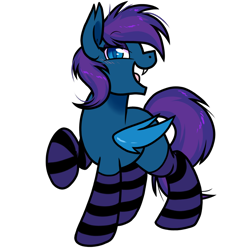 Size: 1300x1300 | Tagged: safe, artist:paperbagpony, imported from derpibooru, oc, oc:stardust(cosmiceclipse), bat pony, pony, derpibooru community collaboration, 2023 community collab, clothes, eyeshadow, femboy, makeup, male, raised hoof, simple background, socks, solo, stallion, striped socks, transparent background