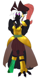 Size: 2500x5000 | Tagged: safe, artist:medkit, imported from derpibooru, captain celaeno, oc, oc only, oc:shade the raven, anthro, bird, raven (bird), derpibooru community collaboration, my little pony: the movie, 2023 community collab, anthro oc, armor, augmented, clothes, coin, cosplay, costume, ear piercing, earring, eyeshadow, feather, feather tail, female, folded wings, gold, happy, hat, high res, jewelry, looking at you, makeup, metal, ornithian, paint tool sai 2, pants, piercing, pirate, pirate hat, simple background, sketch, smiling, solo, standing, transparent background, wings