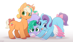Size: 1200x690 | Tagged: safe, artist:higgly-chan, imported from derpibooru, earth pony, pegasus, pony, unicorn, bow, cute, daaaaaaaaaaaw, female, filly, foal, g5, glory (g5), glorydorable, hnnng, looking at you, mare, open mouth, open smile, peach fizz, peachsweet, pippsqueak trio, pippsqueaks, seashell (g5), shellabetes, smiling, smiling at you, tail, tail bow, trio, trio female, weapons-grade cute