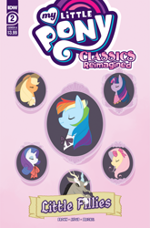 Size: 2063x3131 | Tagged: safe, artist:jenna ayoub, idw, imported from derpibooru, applejack, discord, fluttershy, rainbow dash, rarity, twilight sparkle, draconequus, earth pony, pegasus, unicorn, spoiler:comic, applejack's hat, comic cover, cowboy hat, facial hair, female, g4, hat, high res, little women, male, mare, moustache, my little pony classics reimagined: little fillies, official, official comic, one eye closed, pink background, ribbon, simple background, wink