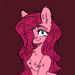 Size: 1280x1280 | Tagged: safe, artist:starkey, imported from derpibooru, pinkie pie, earth pony, pony, chest fluff, crazy face, digital art, ear fluff, ear piercing, earring, faic, hair over one eye, insanity, jewelry, piercing, pinkamena diane pie, psycho, slit pupils, smiling, solo