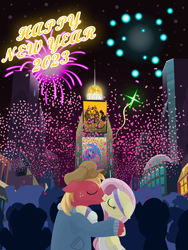 Size: 2880x3840 | Tagged: safe, anonymous artist, imported from derpibooru, big macintosh, fluttershy, rarity, earth pony, pegasus, pony, series:fm holidays, cap, clothes, confetti, crowd, eyes closed, female, fireworks, floppy ears, fluttermac, happy new year, happy new year 2023, hat, headband, high res, holding each other, holiday, jacket, kiss on the lips, kissing, lineless, male, manehattan, mare, new year, night, rarity is a marshmallow, shipping, stallion, straight, turtleneck