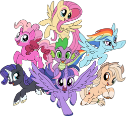 Size: 4984x4557 | Tagged: safe, artist:lanternik, imported from derpibooru, applejack, fluttershy, pinkie pie, rainbow dash, rarity, spike, twilight sparkle, alicorn, dragon, earth pony, pony, unicorn, base used, eyelashes, female, male, mane seven, mane six, mare, rearing, redesign, simple background, twilight sparkle (alicorn), unshorn fetlocks, white background