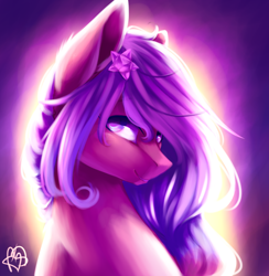 Size: 2418x2480 | Tagged: safe, artist:prettyshinegp, imported from derpibooru, oc, oc only, earth pony, pony, abstract background, bust, earth pony oc, flower, flower in hair, signature, solo