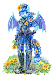 Size: 848x1200 | Tagged: safe, artist:maytee, imported from derpibooru, oc, oc only, anthro, bat pony, bat pony oc, bat wings, clothes, flower, military uniform, solo, sunflower, uniform, wings