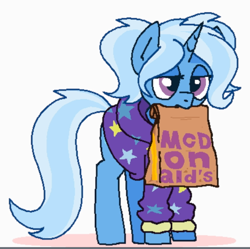 Size: 785x782 | Tagged: artist needed, source needed, useless source url, safe, imported from derpibooru, trixie, pony, unicorn, alternate hairstyle, babysitter trixie, clothes, female, food, hoodie, lidded eyes, mare, mcdonald's, mouth hold, simple background, solo, tired, white background