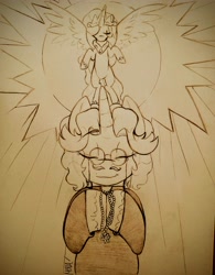 Size: 3082x3951 | Tagged: safe, artist:dsstoner, imported from ponybooru, fancypants, princess celestia, alicorn, pony, unicorn, alternate universe, bowing, clothes, crepuscular rays, eyes closed, flying, glasses, goddess, praise the sun, praying, priest, rosary, spread wings, sun, traditional art, wings