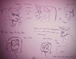 Size: 3908x3049 | Tagged: safe, artist:dsstoner, imported from ponybooru, fancypants, fleur-de-lis, pinkie pie, earth pony, pony, unicorn, reflections, spoiler:comic, alternate universe, chair, cigarette, comic, desk, lighter, smoking, text, traditional art