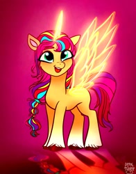Size: 1074x1368 | Tagged: safe, artist:petaltwinkle, imported from derpibooru, sunny starscout, alicorn, pony, 2022, artificial horn, artificial wings, augmented, braid, braided ponytail, coat markings, cute, female, floppy ears, g5, gradient background, gradient hooves, horn, long horn, long mane, looking up, magic, magic horn, magic wings, mare, multicolored hair, old art, open mouth, open smile, ponytail, race swap, rainbow hair, reflection, signature, slim, smiling, socks (coat markings), solo, spread wings, sunnybetes, sunnycorn, thin, unshorn fetlocks, wings