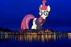 Size: 2048x1361 | Tagged: safe, artist:dashiesparkle, imported from derpibooru, moondancer, pony, unicorn, clothes, female, giant pony, giant unicorn, giantess, glasses, highrise ponies, irl, kristiansund, macro, mare, mega giant, mega/giant moondancer, norway, photo, ponies in real life, sweater