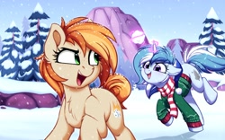 Size: 1920x1195 | Tagged: safe, artist:thegamblehorse, oc, oc only, oc:parlay, earth pony, unicorn, banned from derpibooru, chest fluff, clothes, mountain, running, smiling, snow, snowball, snowball fight, snowfall, sweater, tree