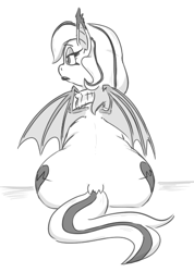 Size: 387x545 | Tagged: safe, artist:jargon scott, imported from derpibooru, oc, oc:arrhythmia, bat pony, earth pony, bat pony oc, black and white, butt, fat, female, grayscale, large butt, mare, monochrome, plot, rear view, simple background, sitting, solo, the ass was fat, white background, wide hips