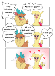 Size: 3732x5197 | Tagged: safe, artist:abyssalrabbit, imported from derpibooru, alpaca, deer, reindeer, them's fightin' herds, 3 panel comic, comic, community related, dialogue, duo, duo female, female, floating heart, heart, lesbian, looking back, nervous sweat, paprika (tfh), paprika can talk, shipping, smiling, speech bubble, tail, tail wag, velverika, velvet (tfh)