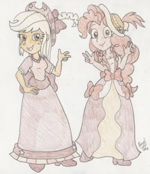 Size: 1208x1400 | Tagged: safe, artist:bageloftime, imported from derpibooru, applejack, pinkie pie, human, equestria girls, clothes, coronation dress, dress, equestria high's paper imposters, fake applejack, fake pinkie, humanized, long dress, long skirt, paper, paper applejack, paper imposter, paper pinkie pie, skirt, traditional art