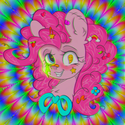 Size: 1280x1280 | Tagged: safe, artist:starkey, imported from derpibooru, pinkie pie, earth pony, pony, smile hd, barrette, bowtie, chest fluff, colorful, ear fluff, eyestrain warning, flower, flower in hair, food, mucus, psychedelic, rainbow, scar, smiling, solo, stars, sticker, strawberry, traditional art