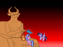 Size: 900x675 | Tagged: safe, artist:slamjam, imported from derpibooru, starlight glimmer, twilight sparkle, alicorn, pony, unicorn, baal, butt, female, fire, gradient background, historical roleplay starlight, mare, moloch, plot, sacrifice, twilight sparkle (alicorn)