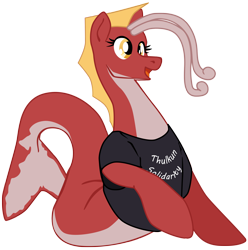 Size: 1954x1973 | Tagged: safe, artist:aaronmk, imported from derpibooru, oc, oc:posada, seapony (g4), derpibooru community collaboration, 2023 community collab, avatar, clothes, disguised hippogriff, female, fish tail, shirt, simple background, smiling, solo, tail, text on clothing, text on shirt, transparent background, vector