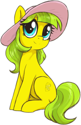 Size: 1175x1816 | Tagged: safe, artist:t72b, imported from derpibooru, oc, oc:lemon drop, earth pony, pony, derpibooru community collaboration, 2024 community collab, cute, earth pony oc, female, hat, mare, ocbetes, simple background, sitting, smiling, solo, sternocleidomastoid, transparent background