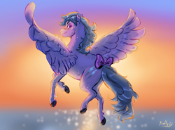 Size: 2248x1668 | Tagged: safe, artist:nightprince-art, imported from derpibooru, firefly, pegasus, pony, blushing, bow, butt, female, flying, g1, looking at you, looking back, looking back at you, mare, plot, signature, solo, spread wings, sunset, tail, tail bow, water, wings