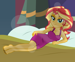 Size: 7032x5760 | Tagged: safe, artist:emeraldblast63, imported from derpibooru, sunset shimmer, human, equestria girls, barefoot, bed, clothes, feet, female, looking at you, painted nails, sleeveless, solo