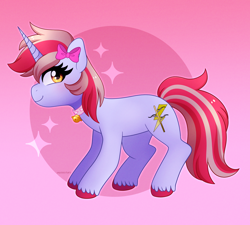 Size: 2330x2096 | Tagged: safe, artist:emera33, imported from derpibooru, oc, oc only, oc:cinnamon lightning, pony, unicorn, bell, bell collar, bow, collar, female, gradient background, hair bow, high res, horn, looking at you, mare, signature, smiling, smiling at you, solo, unicorn oc