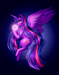 Size: 2508x3187 | Tagged: safe, artist:kaori-miyoko, imported from derpibooru, twilight sparkle, alicorn, pony, female, gradient background, magic, mare, smiling, solo, spread wings, twilight sparkle (alicorn), wings