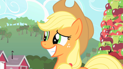 Size: 1280x720 | Tagged: safe, imported from derpibooru, screencap, applejack, earth pony, pony, party of one, season 1, adorable face, apple, apple tree, applejack's hat, cowboy hat, cute, food, grin, hat, jackabetes, nervous, nervous grin, smiling, solo, sweet apple acres, tree