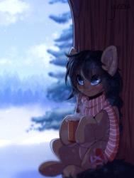 Size: 1024x1352 | Tagged: safe, artist:yuozka, imported from derpibooru, oc, oc only, earth pony, pony, clothes, drink, ear fluff, earth pony oc, pony oc, scarf, solo, striped scarf, tree, winter